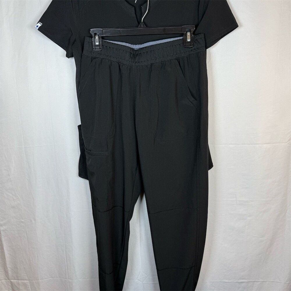Scrubstar Scrub Set Womens XS Black Notch V-Neck Top & Jogger Pants 28 inseam